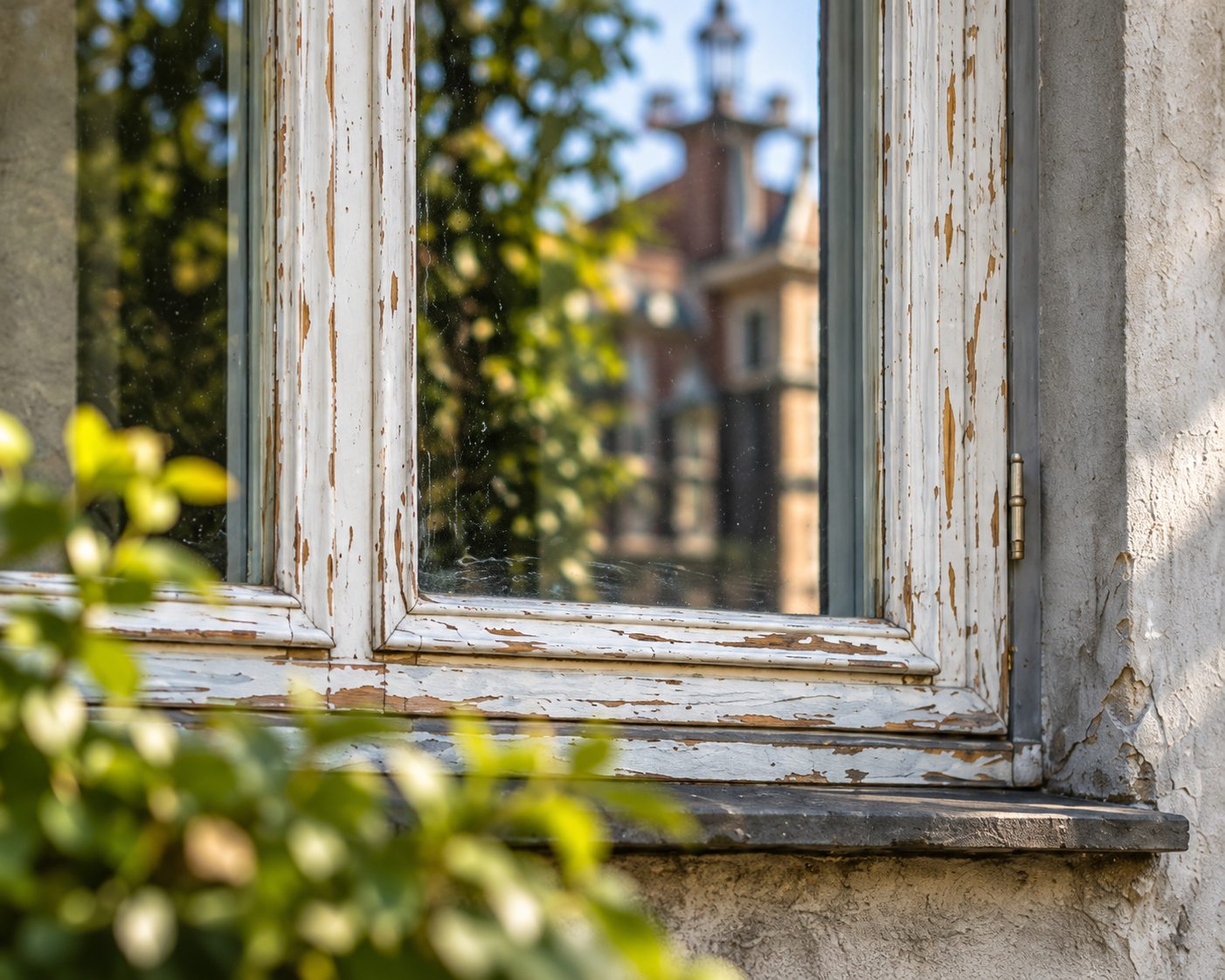 Fenster im Bestand: abblätternde weiße Farbe auf Rahmen und Sohlbank, Einfachverglasung, im Glas spiegelt sich ein Nachbargebäude