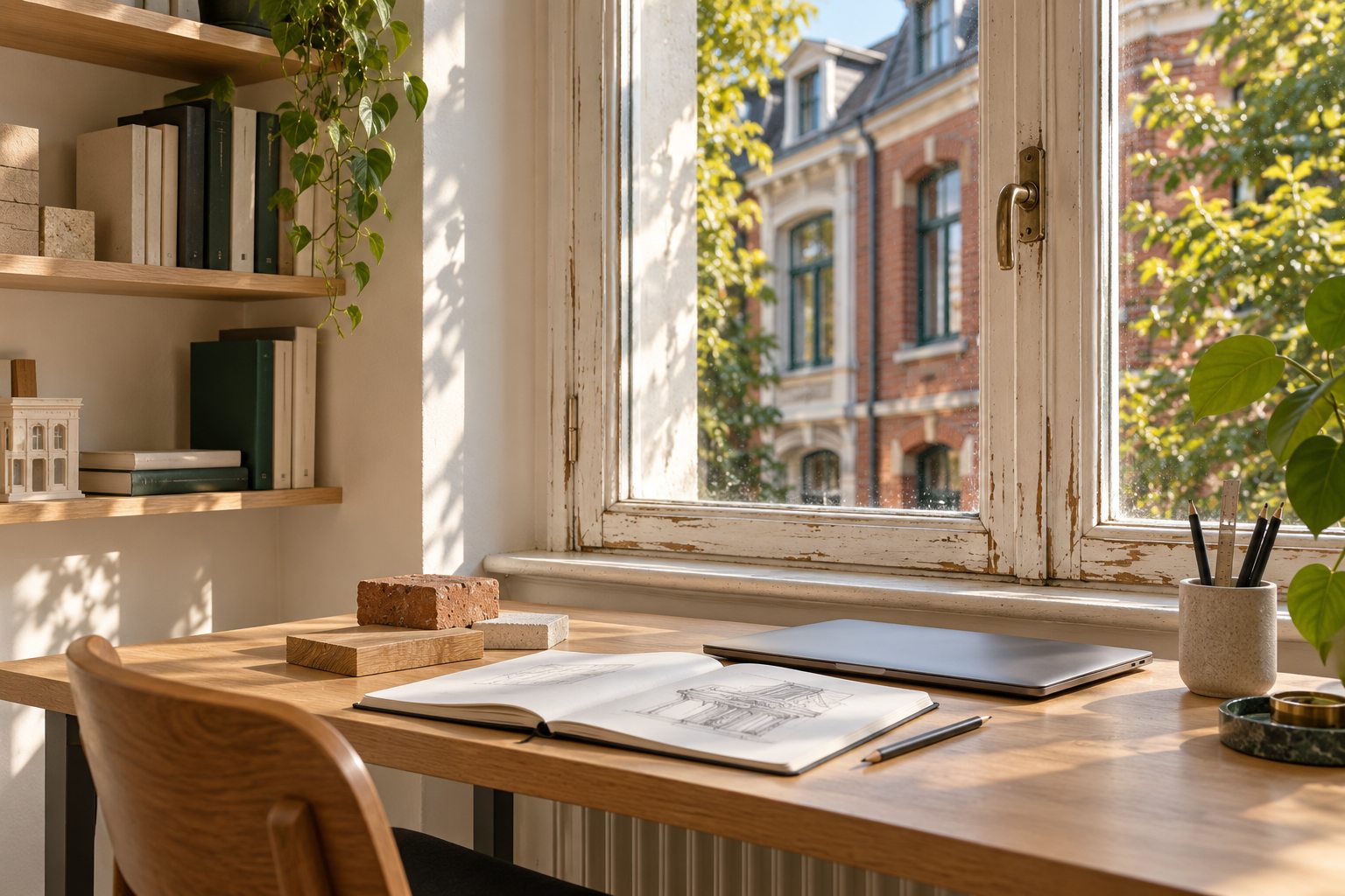Arbeitsplatz am Fenster eines Backsteinhauses: Skizzenbuch mit Fassadenzeichnung, Laptop und Materialproben aus Ziegel und Naturstein