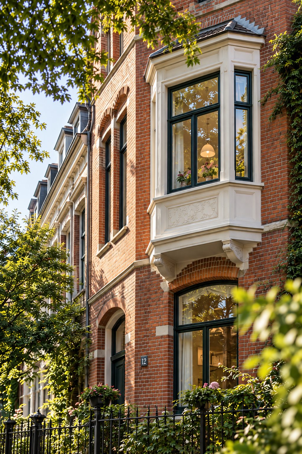 Backsteinfassade eines Jahrhundertwendehauses mit weißem Erker, dunkel gestrichenen Sprossenfenstern und Laub im Vordergrund