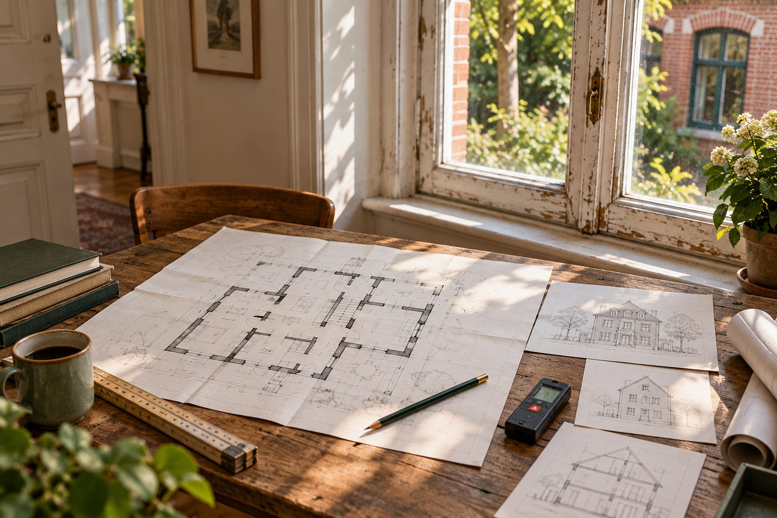 Bestandsaufnahme am Tisch: aufgeschlagener Grundriss, Ansichtsskizzen, Zollstock und Laserentfernungsmesser vor einem alten Sprossenfenster