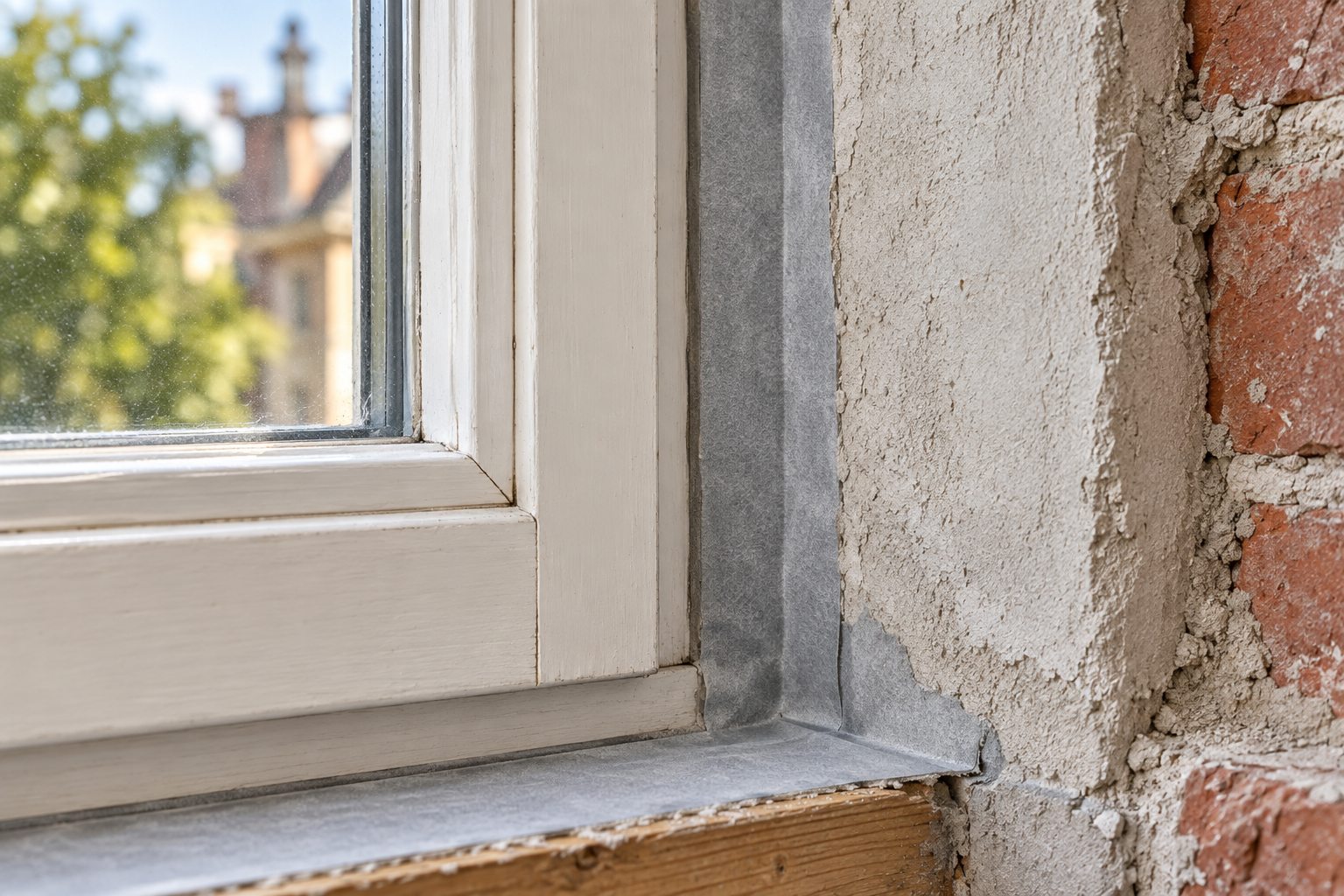 Fensteranschluss im Rohbauzustand: Luftdichtheitsbahn vom Rahmen auf das Mauerwerk geführt und überputzt