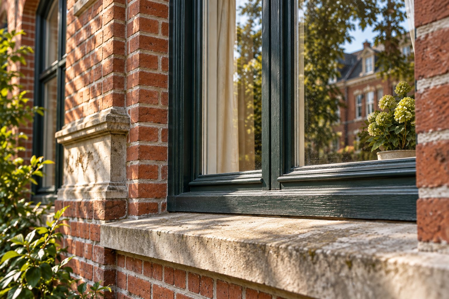 Fensterlaibung eines Backsteinhauses aus der Nähe: Ziegelgewände, steinerne Sohlbank und dunkel gestrichener Holzrahmen