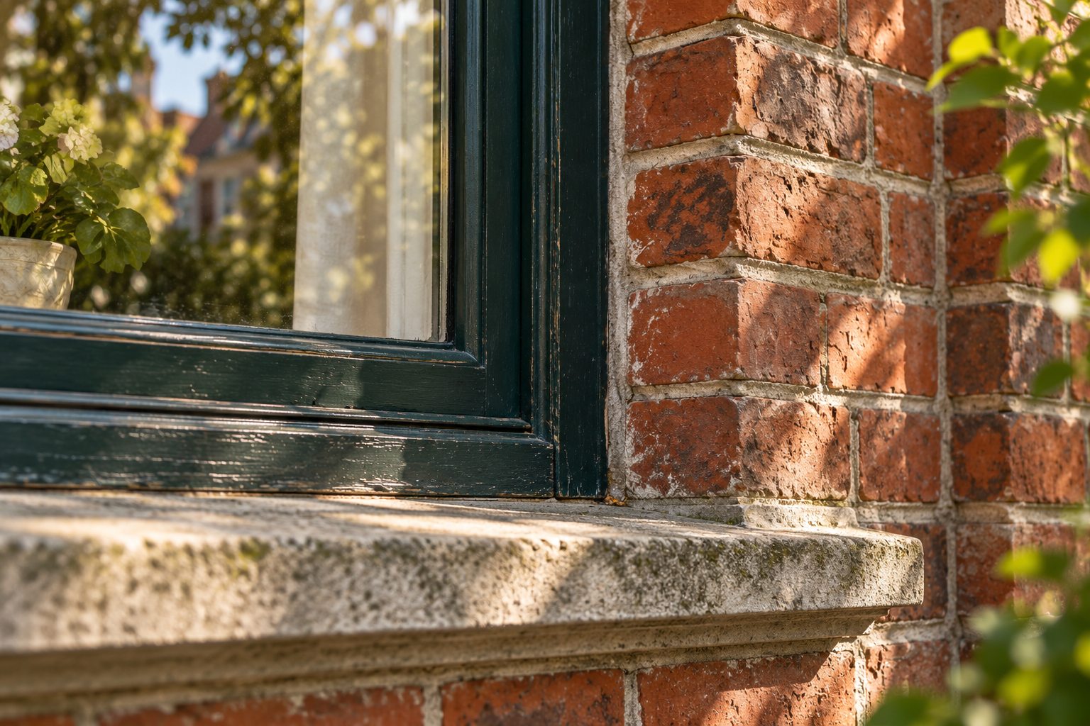 Anschluss von Fensterrahmen, Ziegelmauerwerk und steinerner Sohlbank aus der Nähe, mit verwitterter dunkelgrüner Farbe