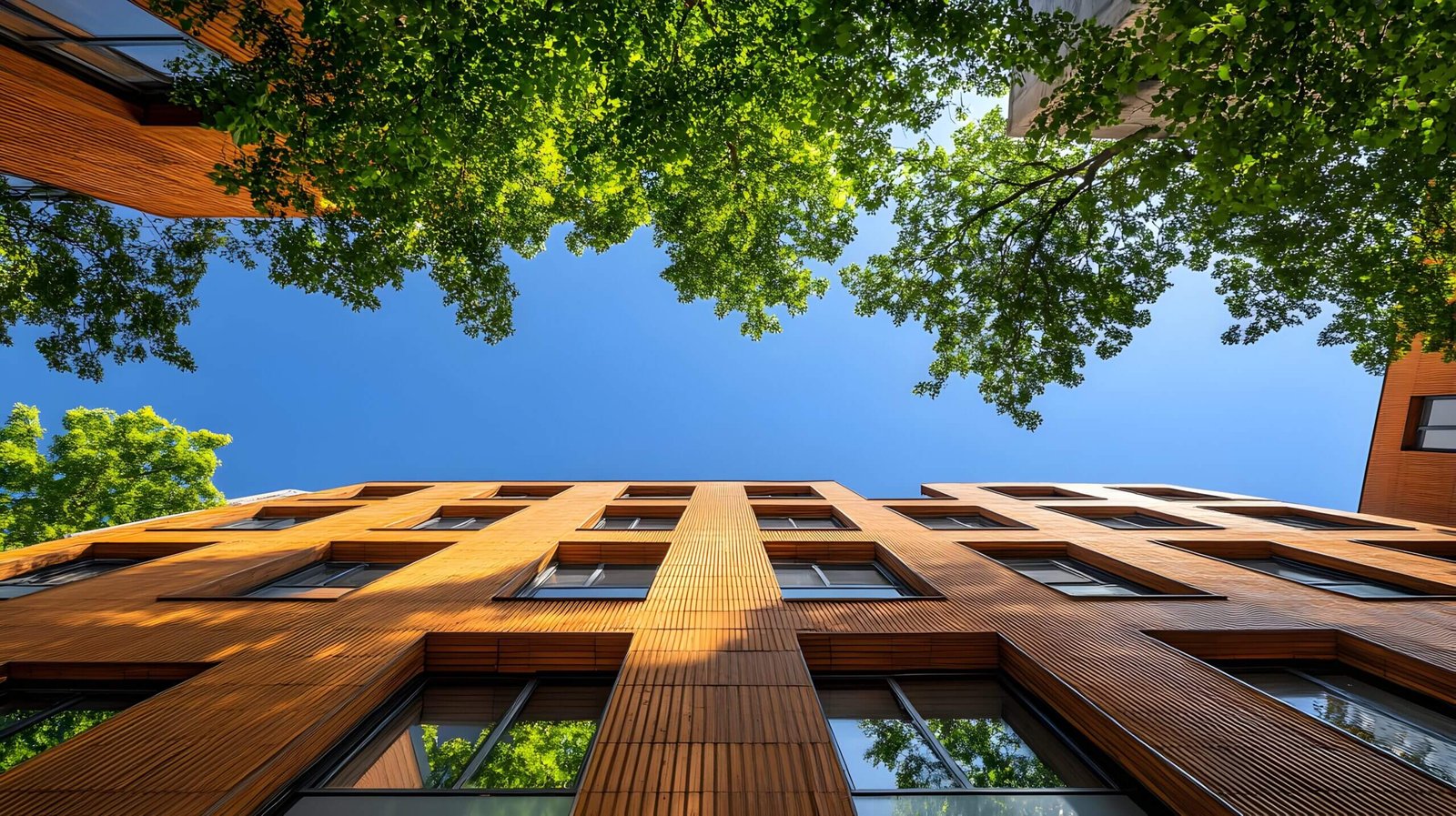 a modern apartment building with a warm wood facade is led amongst lush green trees against a vibrant blue sky.